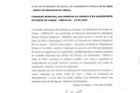 AVISO DE SUSPENSÃO: REFERENTE AO EDITAL DE CHAMAMENTO N° 01/2023 – BANCO DE PROJETOS DO CMDCA.